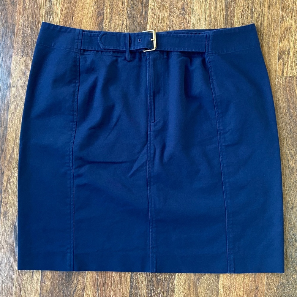 Lauren Ralph Lauren midi Blue Skirt cotton w/stretch faux belt front zip Sz 16